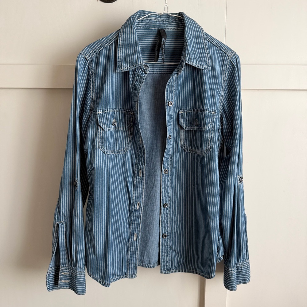 Seven 7 Chambray Denim Striped Button-Up Shirt Blue Sz S